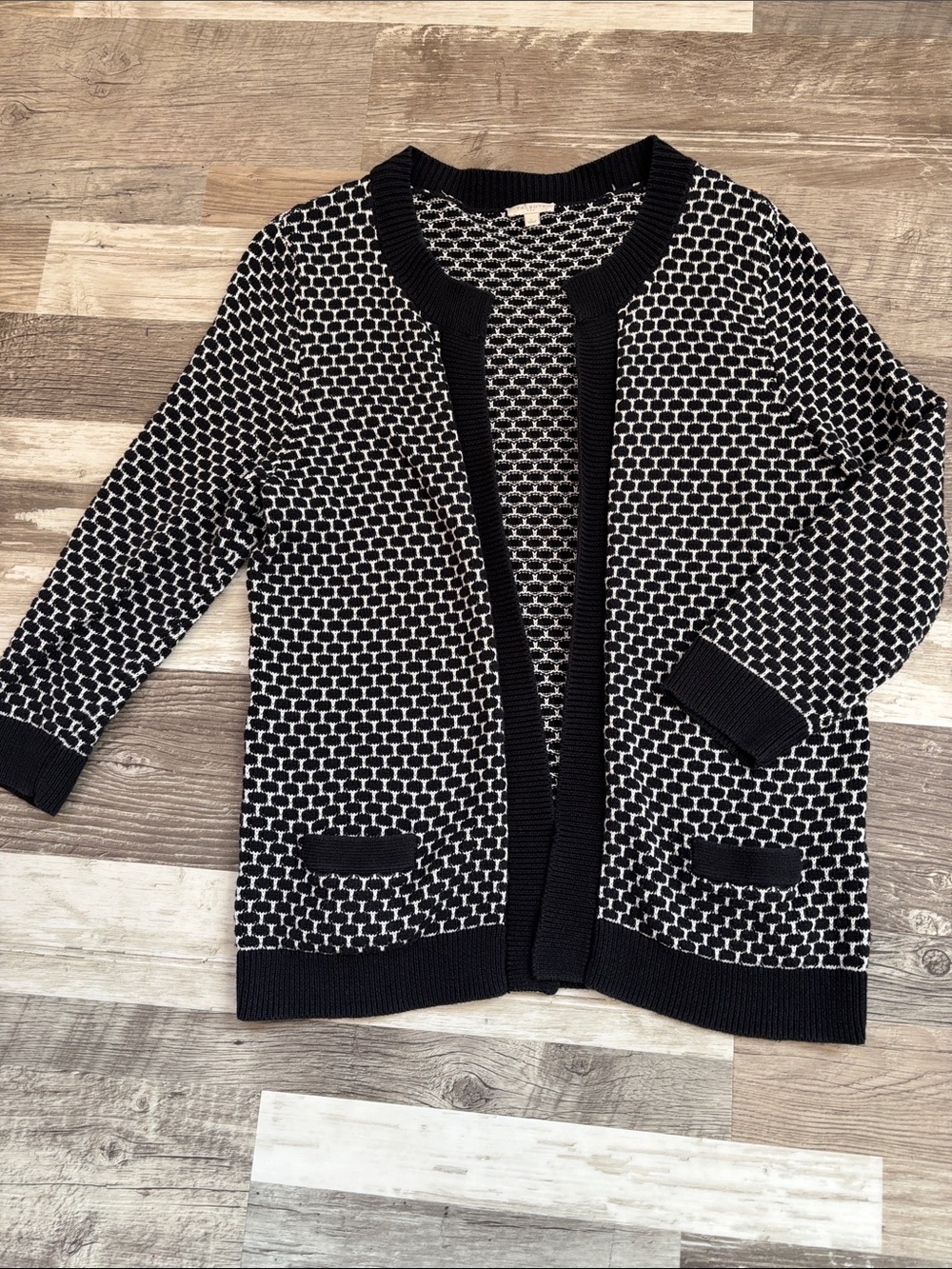 Talbots Black and White Open-Front Textured Cardigan 3/4 sleeve